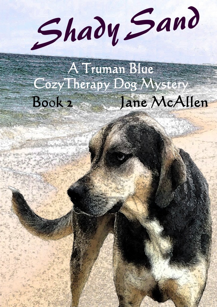 A computerize photo of a large tan and black hound on a beach